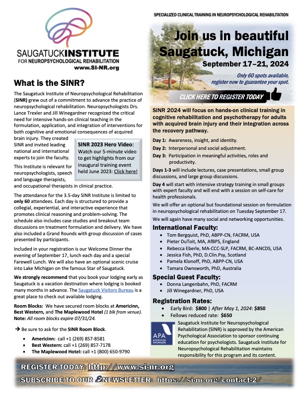 SINRNeuropsych's tweet photo. We are excited to announce that registration is open for the 2nd SINR conference being held in Saugatuck, Michigan from September 17 – 21 in beautiful Saugatuck Michigan! #SINR2024 #SINRs https://t.co/T6pR75796k