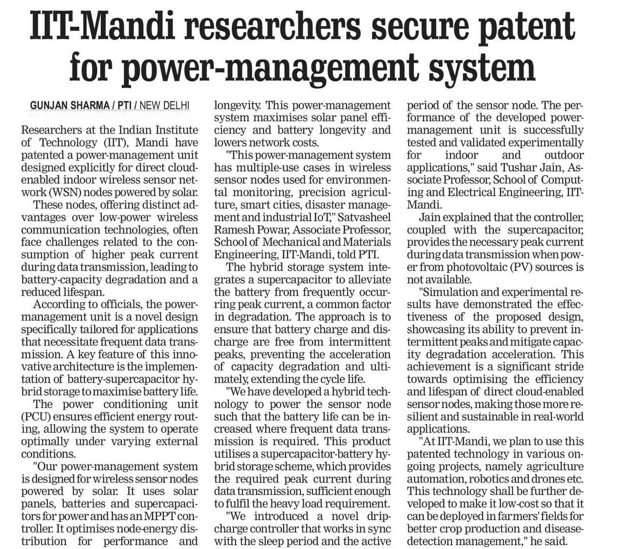 IIT-Mandi team gets patent for groundbreaking work on Wireless Sensor Network.
Indoor wireless sensor network (WSN) nodes offer advantages over low-power wireless tech.