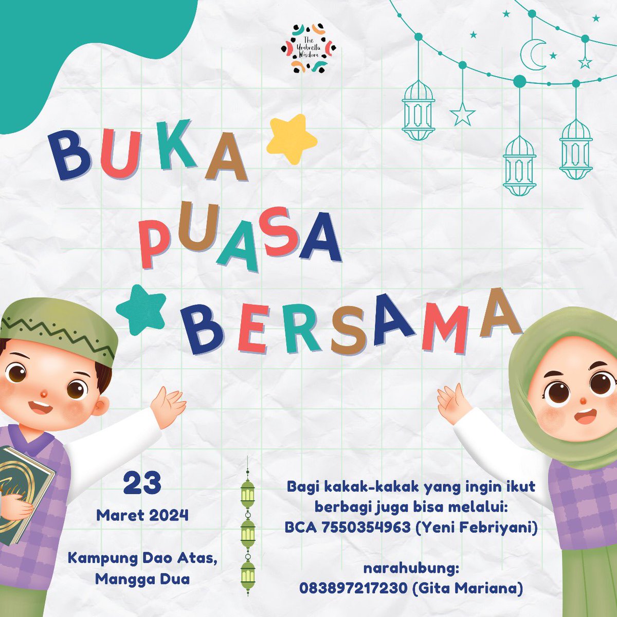 Halo kakak-kakak semua!

The Umbrella Wisdom mengajak kakak-kakak untuk datang ngabuburit dan buka puasa bersama adik-adik di Kampung Dao Atas.

Untuk kakak-kakak yang mau berdonasi/berbagi takjil untuk adik-adik juga bisa, loh.

Kami tunggu kehadirannya, ya!