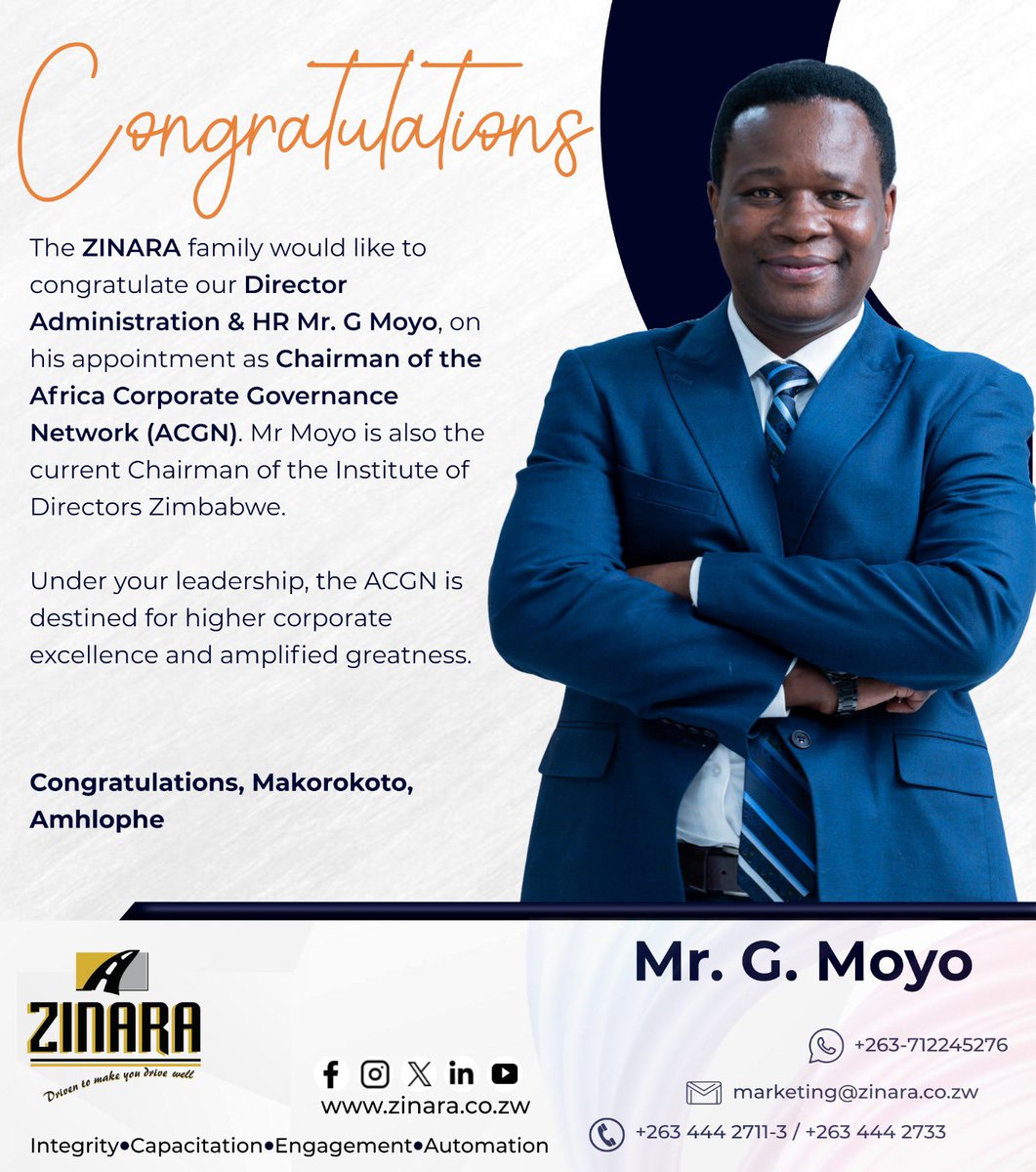 zinaraZW's tweet image. Congratulations to our Director Admin &amp;amp; HR on his appointment…

@AfCGN @IOD_Zimbabwe @InstituteofCor2 

#PartnersForProgress