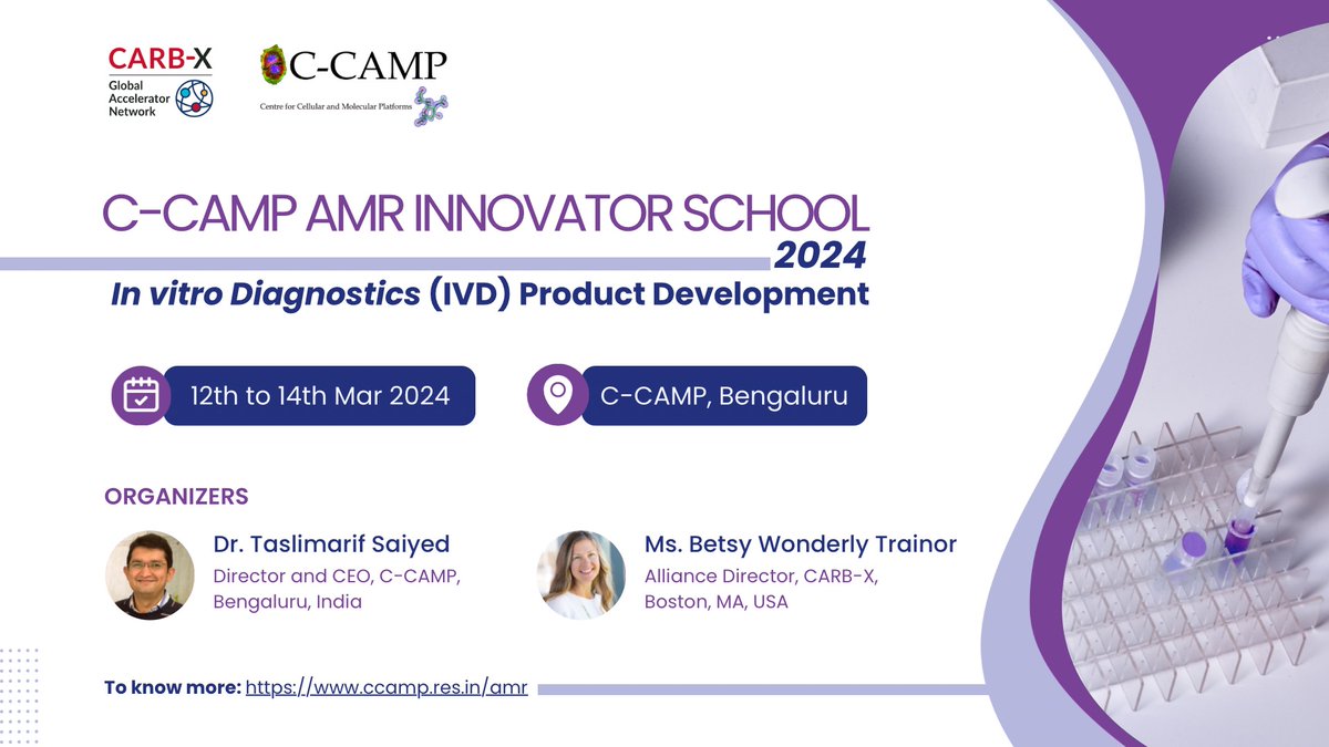 CCAMP_India's tweet image. #Drumroll #StartingToday the first CCAMP @CARB_X AMR Innovator School 2024 on In Vitro Diagnostics, IVD product development.

From 12th to 14th March, our 20 participants will delve into the fundamentals of transforming a concept into a product, transitioning from academic or…