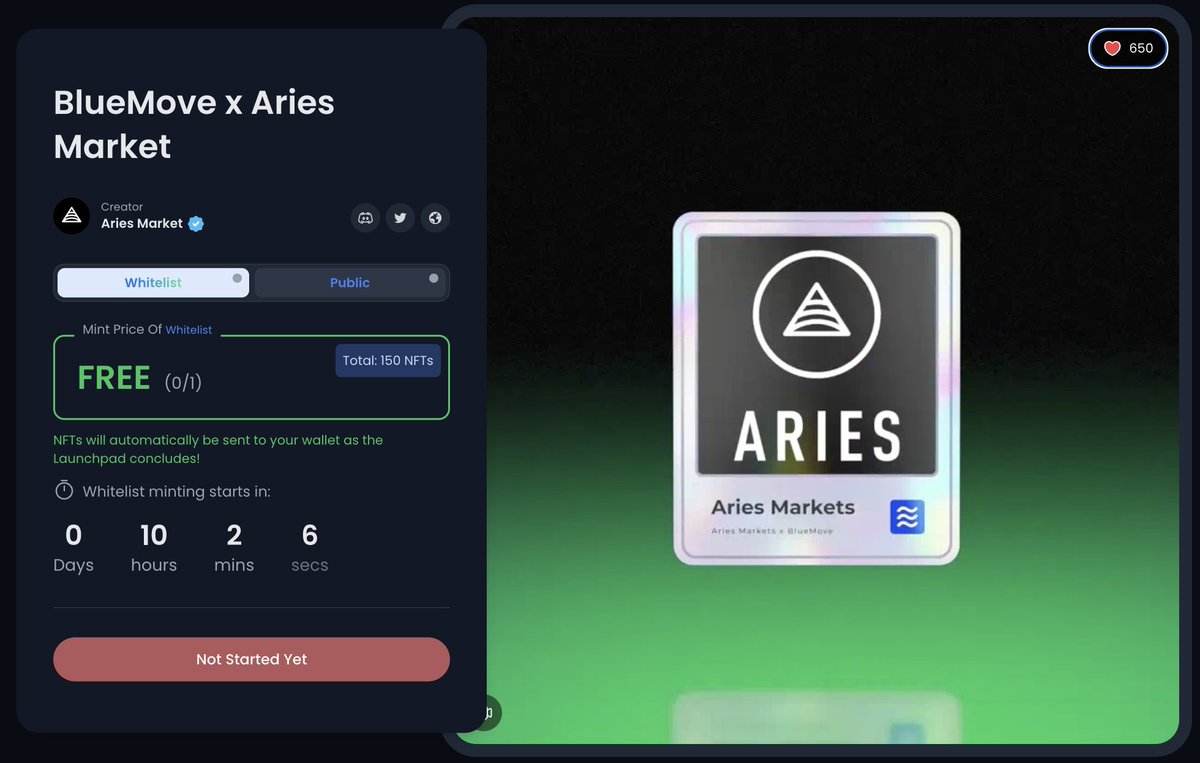 🚀 FREE MINT! Introducing our Commemorative NFT, a remarkable collaboration between BlueMove and @AriesMarkets. Immerse yourself in the seamless integration of DeFi and NFT experiences within the @Aptos ecosystem. Claim your stake in this exclusive NFT collection – available in…