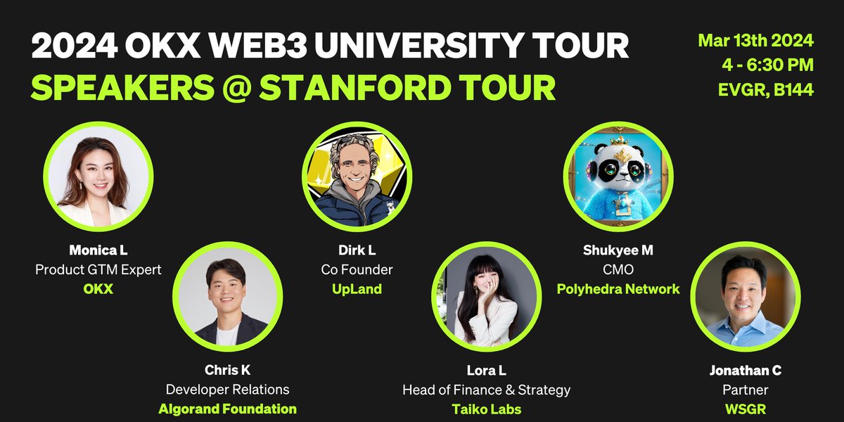 Meet our stellar speakers for the Stanford Tour 🌟

Huge thanks to @Monicaweb30 from @okxweb3, Shukyee from @PolyhedraZK, @chriskim_devrel from @AlgoFoundation, @DirkLueth from @UplandMe, @loraaaaali from @taikoxyz, and @jonathchan from @wilsonsonsini.

Their Web3 insights