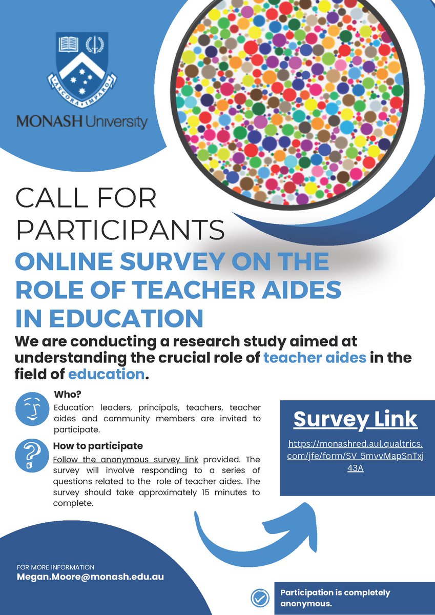 Final call for young people, teacher aides, teachers and school leaders to complete this questionnaire on the role of the teacher aide in #InclusiveEducation in Australian schools Link here: lnkd.in/g698mUYG