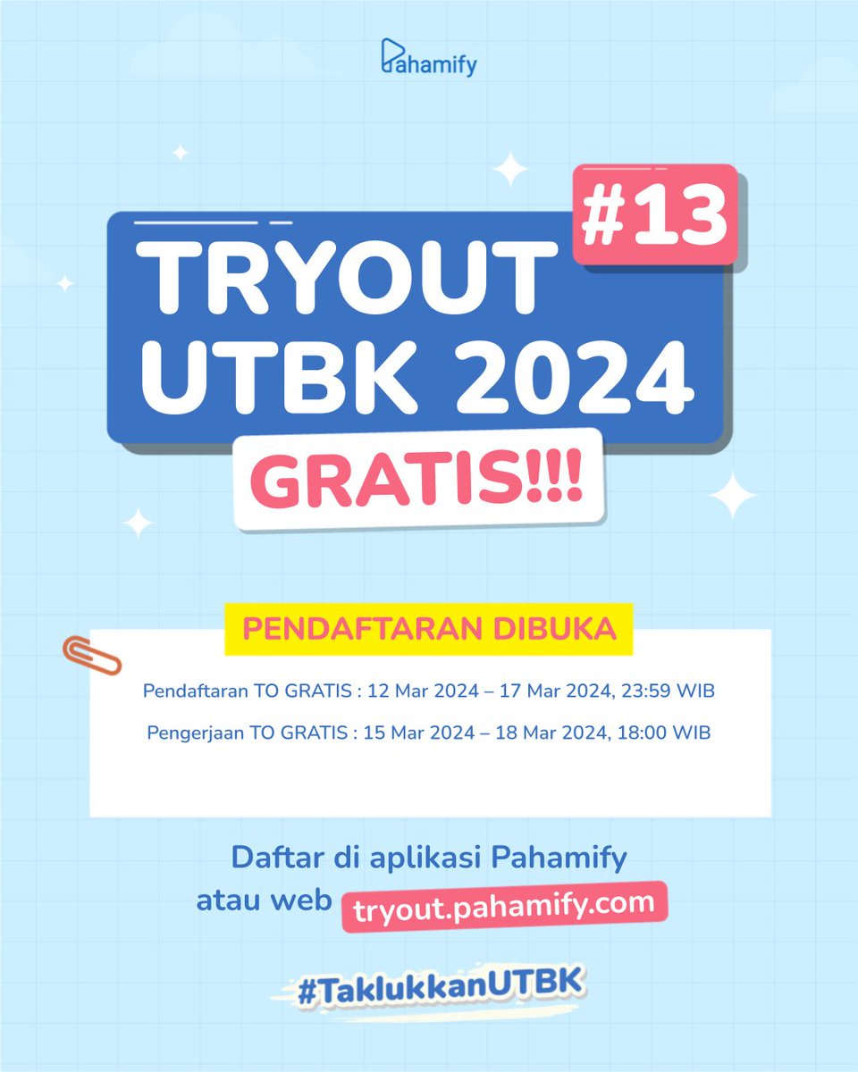pahamify's tweet image. 🎊TO GRATIS: Pendaftaran TO UTBK 2024 #13 Gratis DIBUKA!🎊

📆Pendaftaran: 12-17 Mar'24
✏️Pengerjaan: 15-18 Mar'24

🥇TO PALING UPDATE mengikuti kisi-kisi Kemdikbud BP3 7 SUBTES.
⭐Udah ada tipe soal isian singkat loh!

Cara daftar GRATIS di sini ⬇️