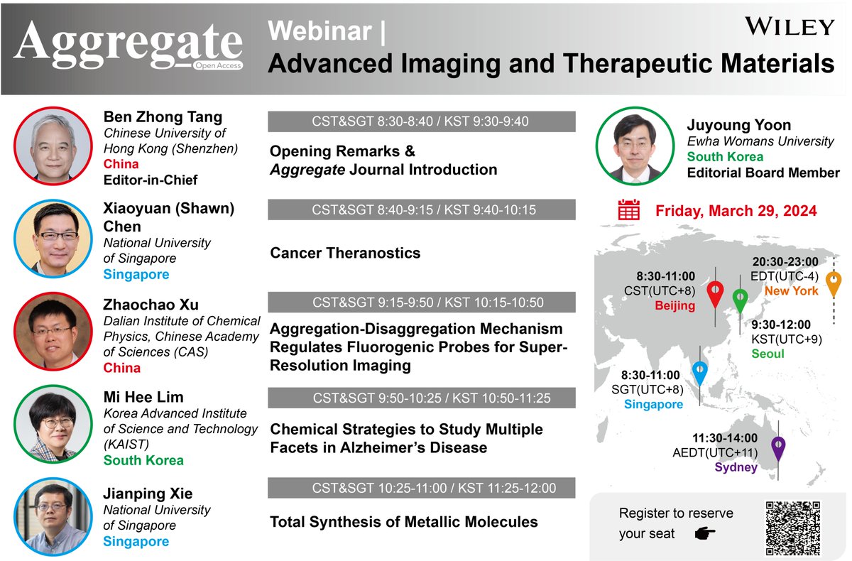Join our free webinar on Advanced #Imaging and #Therapeutic Materials of #Aggregate. 2 weeks to go! Register Now: events.wiley.com/Advanced-Imagi… March 29th, 2024 8:30 CST | 9:30 KST | 11:30 AEDT | 20:30 EDT @BenZhongTANG1 @NusXie @NUSingapore @kaistpr @EwhaWomansUniv