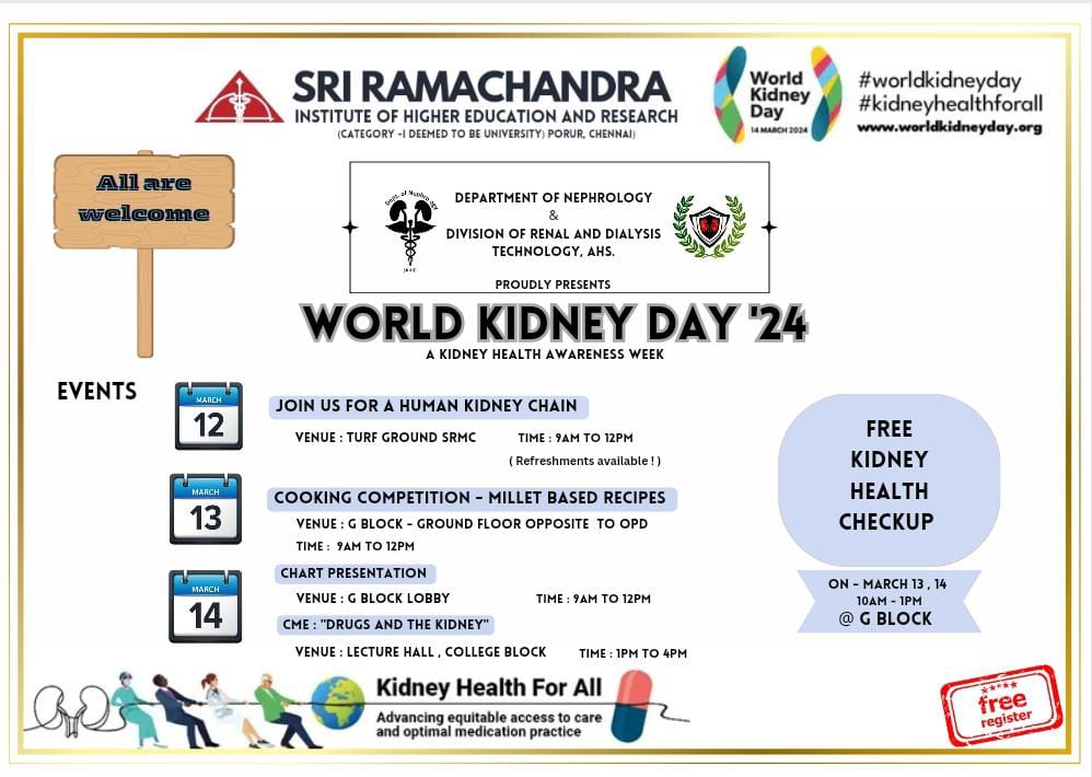 SRMCNephrology's tweet photo. 🤝 Let's join together to raise awareness about kidney disease this #WorldKidneyDay 
🌟  Combined with a free screening camp for Kidney health
🌟 CME on "Drugs and the kidney" on 14.03.2024
#WKD2024 @worldkidneyday https://t.co/X5W94t4WDo