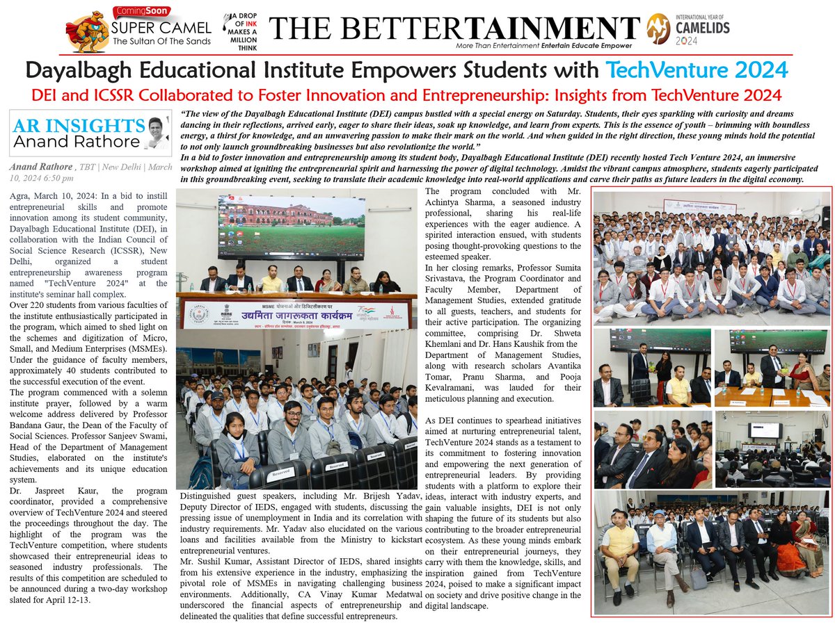 Dayalbagh Educational Institute (DEI) &amp; Indian Council of Social Science Research(ICSSR) hosted TechVenture 2024, fostering innovation &amp; entrepreneurship among students!