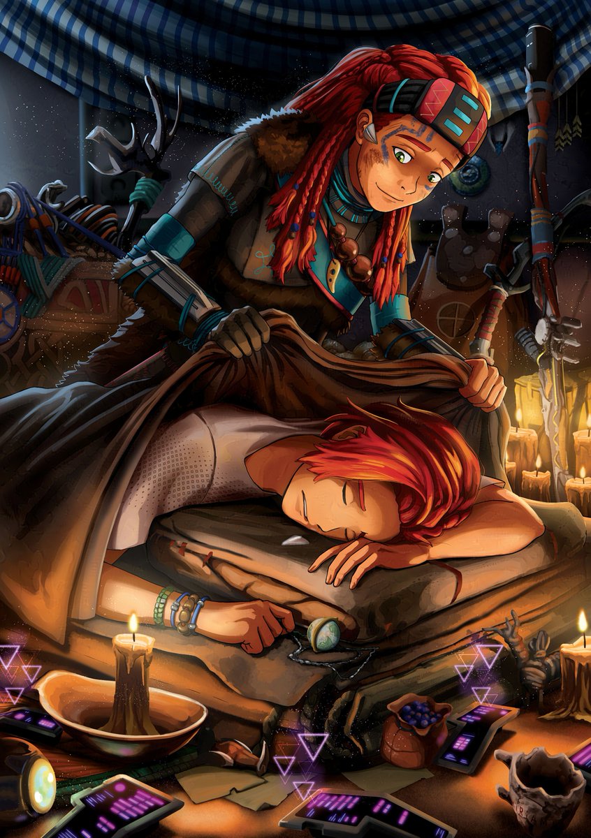 Excited to finally share my page art from <a href="/horizonfanzine/">Focus Network: A Horizon Zine</a> (leftovers happening now!)

I love the sisters so much and this piece was a ton of fun to pack in as many collectables as possible. 

#HorizonForbiddenWest #HorizonZeroDawn #BeyondTheHorizon #Aloy #Beta #Sobeck