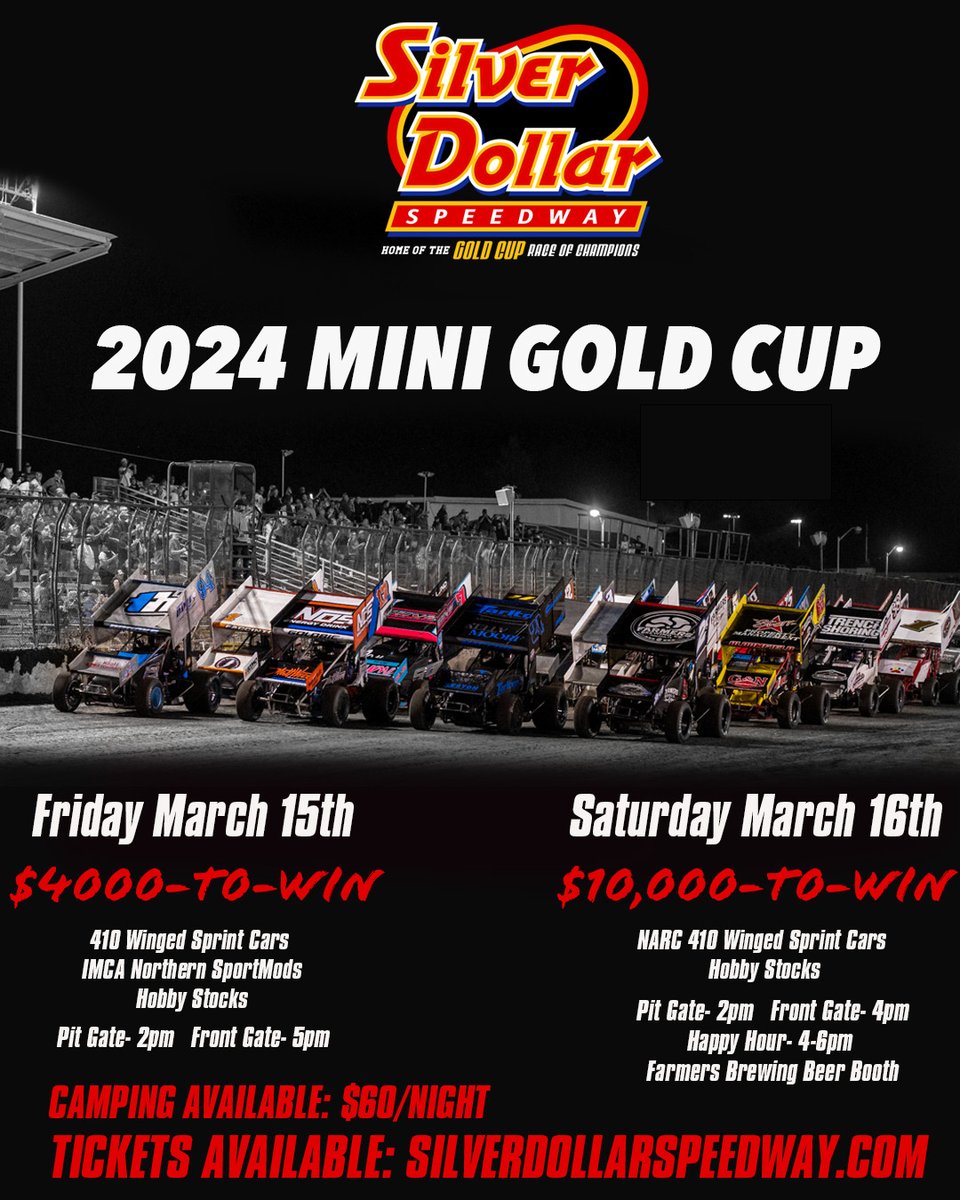 It's going to be BIG! Don't miss out on opening weekend at the DOLLAR with the Mini Gold Cup slated for March 15 & 16 👉Tickets Here silverdollar.ticketspice.com/mini-gold-cup-… 🏆Information about the weekend is here silverdollarspeedway.com 👀@NARC410 on Saturday night 📹Both nights on @FloRacing