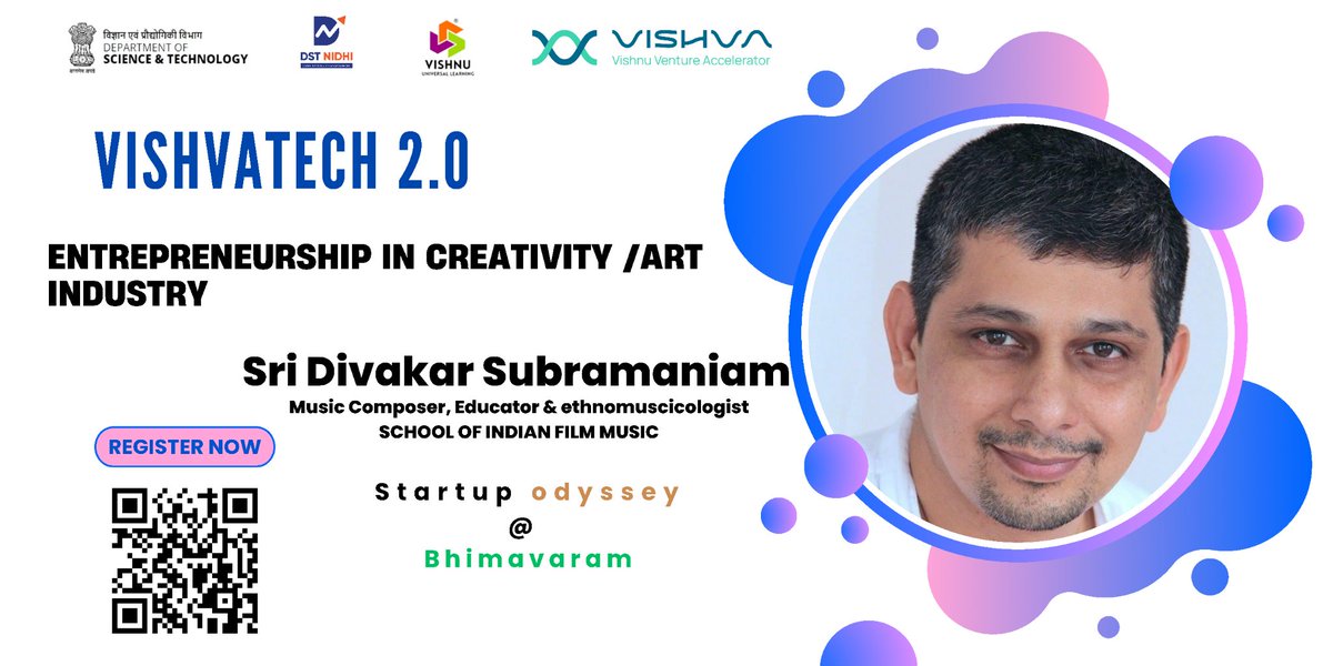 VishnuTBI's tweet photo. "Prepare to be inspired by Sri Divakar Subramaniam sir."
Registration now for VISHVATECH 2.0

@kaushik_nicky
@_fearless_driver_ 
@divsub_music
@srivishnueduin
@IndiaDST
@startupindia

#vishvatech2.0
#entrepreneur 
#art
#startup
#studententrepreneurs https://t.co/yoGf41ebvM