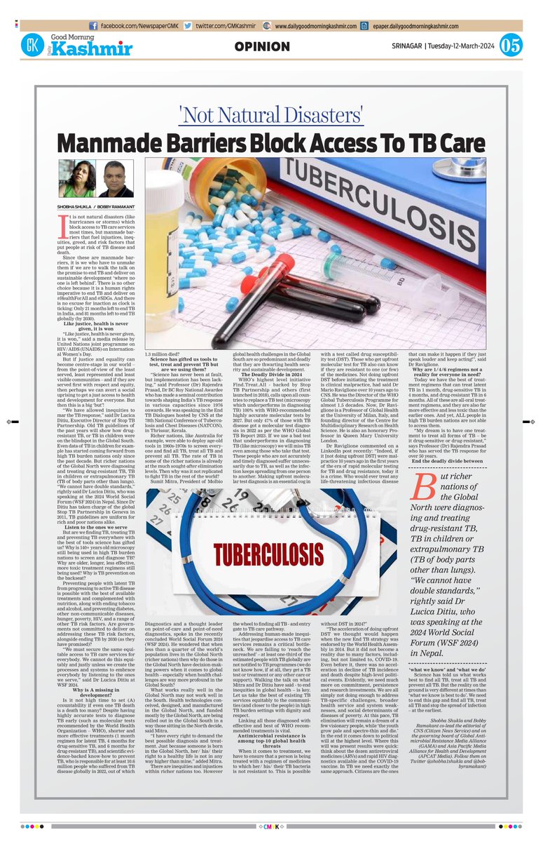 #PublishedToday ✅ It is not natural disasters which block access to #TB services but manmade barriers. UNMAKE THEM

✅Daily GM Kashmir
epaper.dailygoodmorningkashmir.com/epaper/edition…

✅CNS
citizen-news.org/2024/03/it-is-…
#endTB #Accountability #ItsTimeForAChange #YesWeCanEndTB #findallTB #treatallTB #WTBD2024