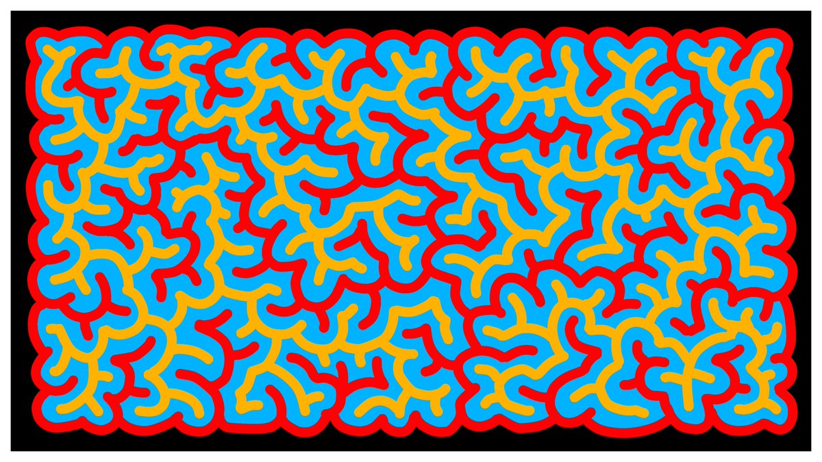 Red is a single shape never touching yellow. 
Yellow is a single shape never touching red. 
Blue is one continuous loop.