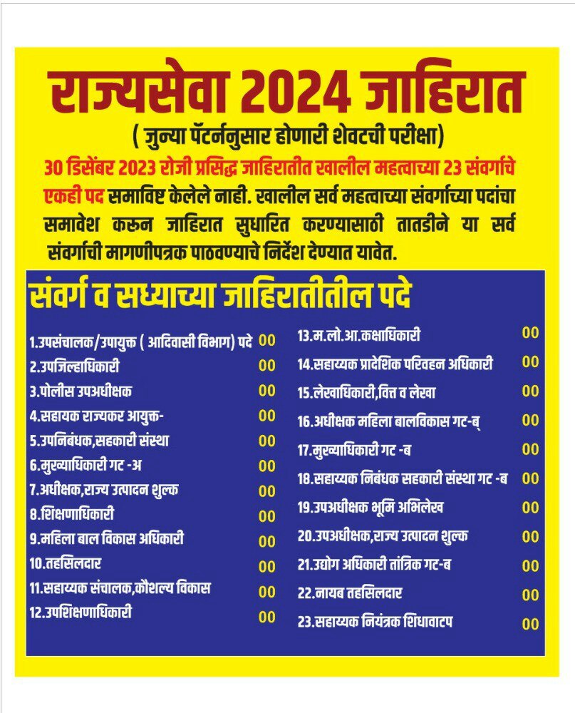OFFICER_KATTA_I's tweet photo. 📍राज्यसेवा 2024 साठी तहसीलदार, DySp,CO, उपशिक्षणाधिकारी इ महत्वाच्या पदांचे मागणीपत्र गेले पाहिजे. CM,DCM साहेबांना विनंती आहे1000 जागेचे अतिरिक्त मागणीपत्र आयोगाकडे पाठवावे
#राज्यसेवा2024जागावाढ
@CMOMaharashtra
@Dev_Fadnavis
@AbhiPawarBJP
@RRPSpeaks 
@AjitPawarSpeaks https://t.co/MEjSRBjrZM