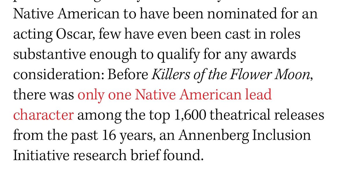 “Before Killers of the Flower Moon, there was only one Native American lead character among the top 1,600 theatrical releases from the past 16 years” This is what we’re dealing with. hollywoodreporter.com/movies/movie-n…