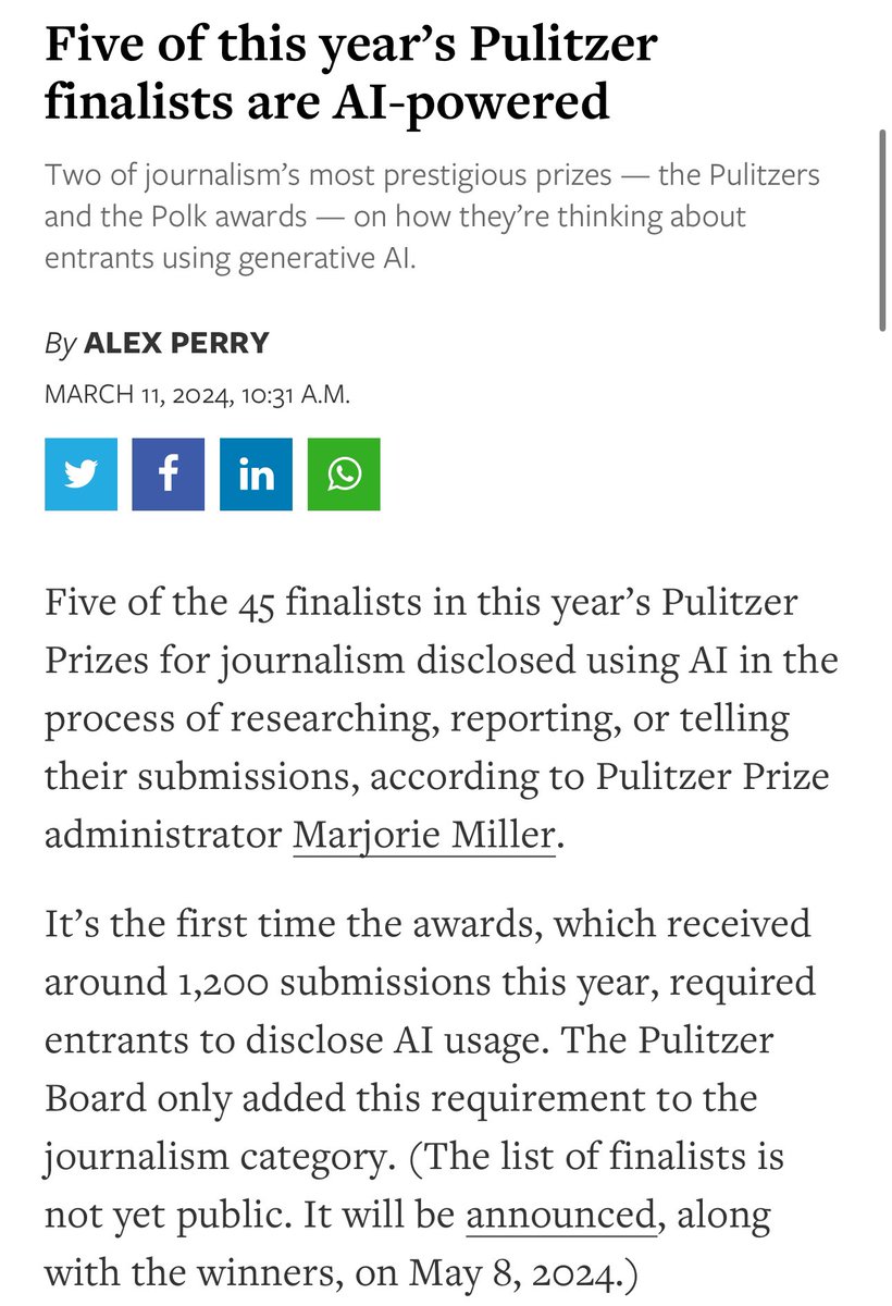11% of the best pieces of journalism from the last year used AI in some way. This is evidence of the power of AI as tool or co-intelligence - boosting the work of even great humans.

Uses are likely boring, like transcription, which is the point. It does stuff you don’t want to.
