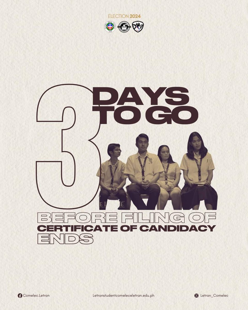 Letran_Comelec's tweet photo. GOOD LUCK THIS MIDTERMS WEEK!

BTW, DO NOT CRAM YOUR COC, CANDIDATES! 🕡🕜

3 DAYS LEFT. NO EXTENSIONS. NO EXTENSIONS. 

Again, Please take note of the following to avoid hassles:

1. The filing of the Certificate of Candidacy is until March 15, 2024. https://t.co/SKLhGszQMM