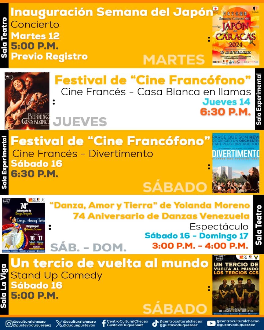 Nuestro <a href="/culturachacao/">Cultura Chacao</a> ofrece una variada agenda para esta semana en sus distintas salas ⬇️

#12Mar Concierto inaugural semana de Japón 🇯🇵

#14Mar y #16Mar🎥Festival de Cine Francófono 🇫🇷

#16Mar y #17Mar 🎶 Danza, Amor y Tierra 🇻🇪

#16Mar Stand - Up Un Tercio de vuelta al mundo.