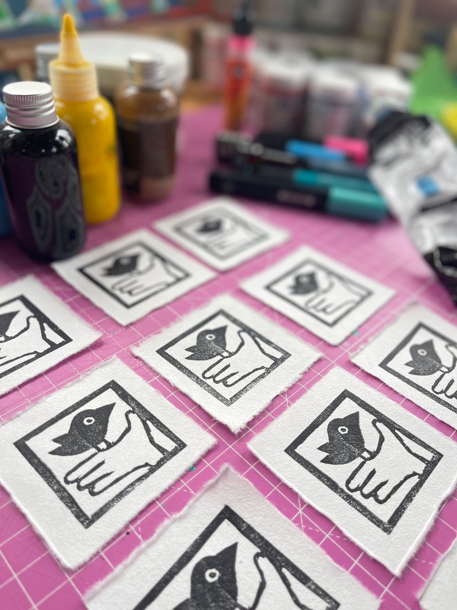 Tiny Bird, Tiny Hand test prints in the studio #linoprint #blackbird #fun