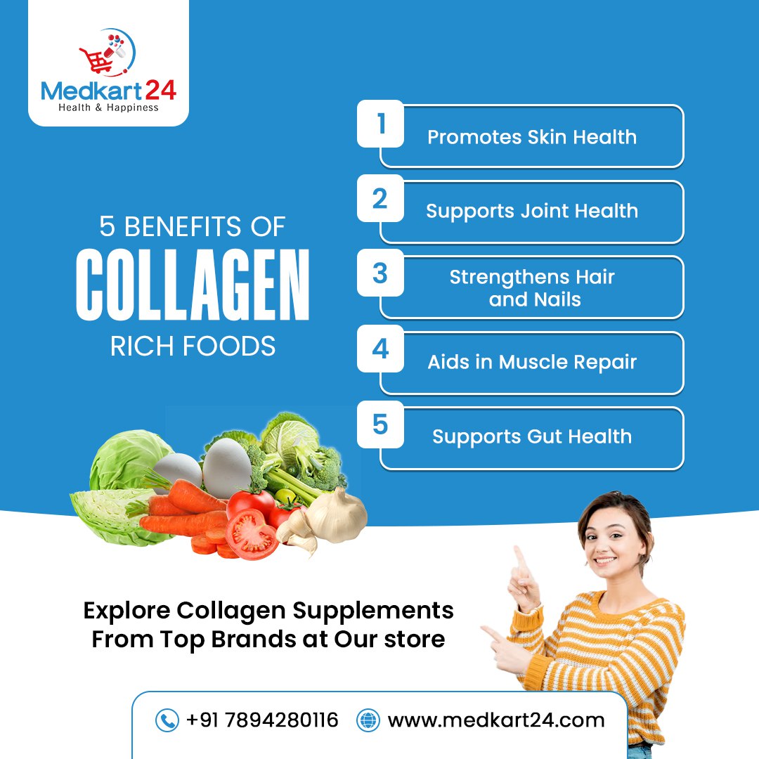 MedKart_24's tweet photo. 💊 Collagen-rich foods like milk, fish and chicken can help you a lot in maintaining your joint health, supporting gut health, aiding in muscle repair and many more health benefits. Now ,visit our store to explore collagen supplements from top brands. #CollagenGlow #HealthySkin https://t.co/4I7hsMVBQP