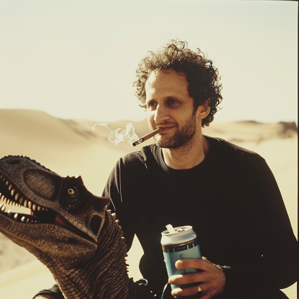 Mildly concerned that you can take a URL of a person's face and use them in a midjourney prompt. Here's me smoking, drinking, and riding a dinosaur from one photo