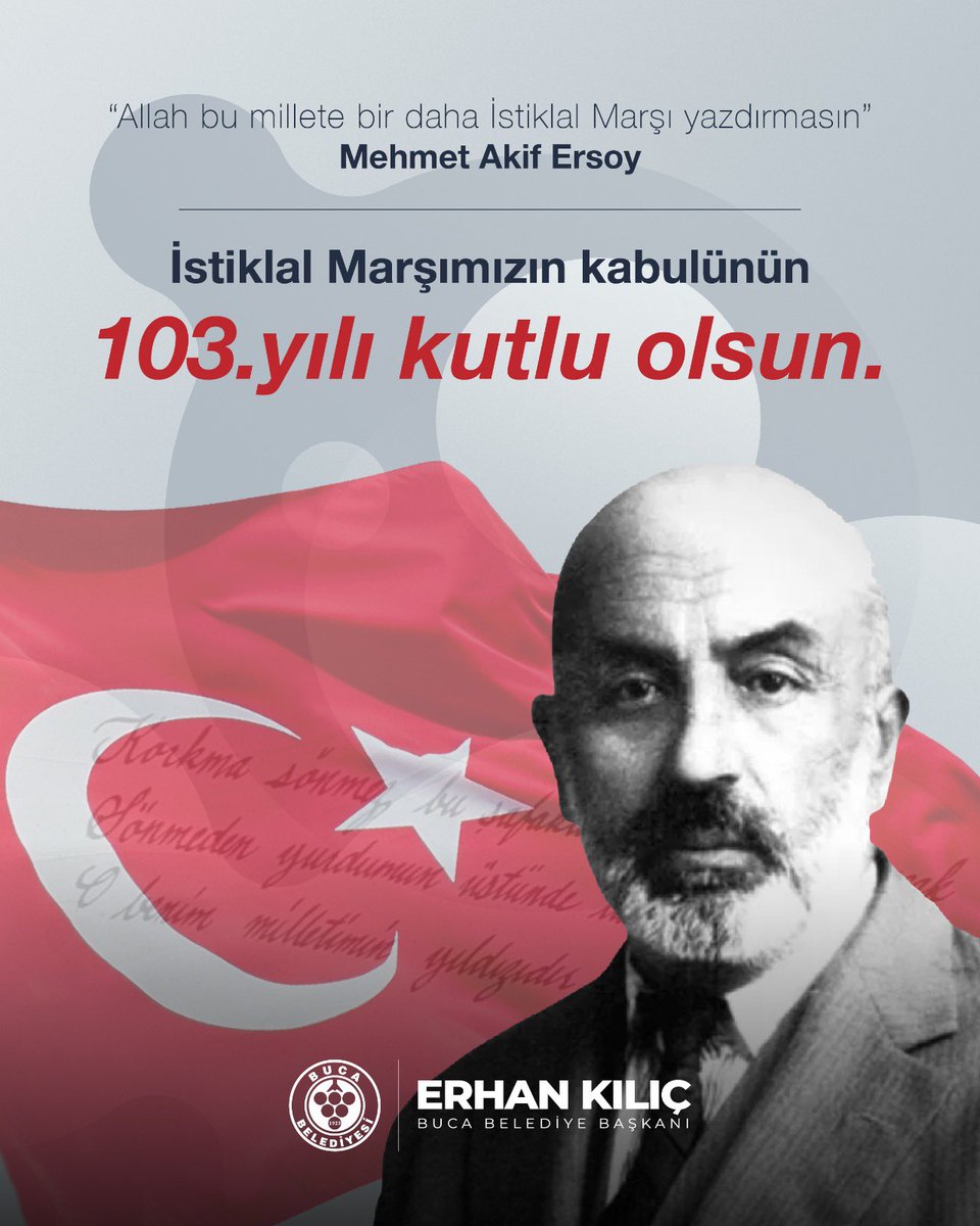 'Allah bu millete bir daha 'İstiklal Marşı' yazdırmasın!' 🇹🇷 Başta Gazi Mustafa Kemal Atatürk ve İstiklal Marşımızın eşsiz mısralarının sahibi Mehmet Akif Ersoy olmak üzere tüm kahramanlarımızı saygı ve rahmetle anıyorum. İstiklal Marşı'mızın kabulünün 103. yılı kutlu olsun.