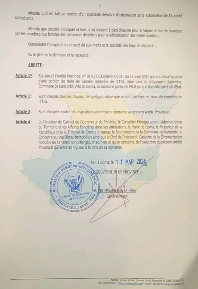 HamadaAsumani's tweet photo. #Nord_Kivu:Dans un arrêté signé lundi 11 mars, le gouverneur Militaire interdit tous les travaux, de quelque nature que ce soit, sur tous les blocs du cimetière de l'ITIG. Il est ainsi abrogé l'arreté de 2021 portant désaffectation d'une portion de terre de cet espace. https://t.co/kudaSehosw