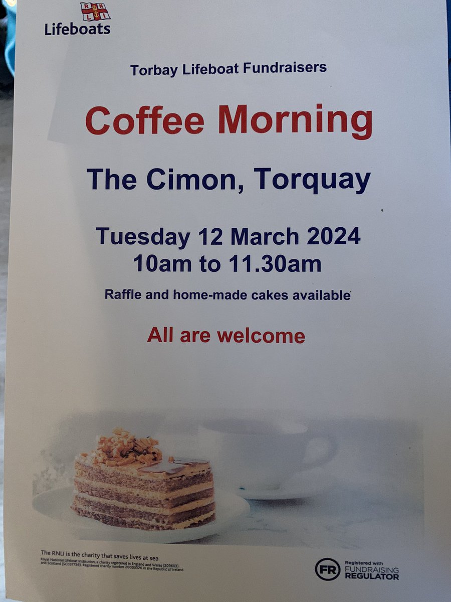 Calling all @RNLITorbay supporters in Torbay. Come and join us @TheCimonTorquay this morning. ☕️