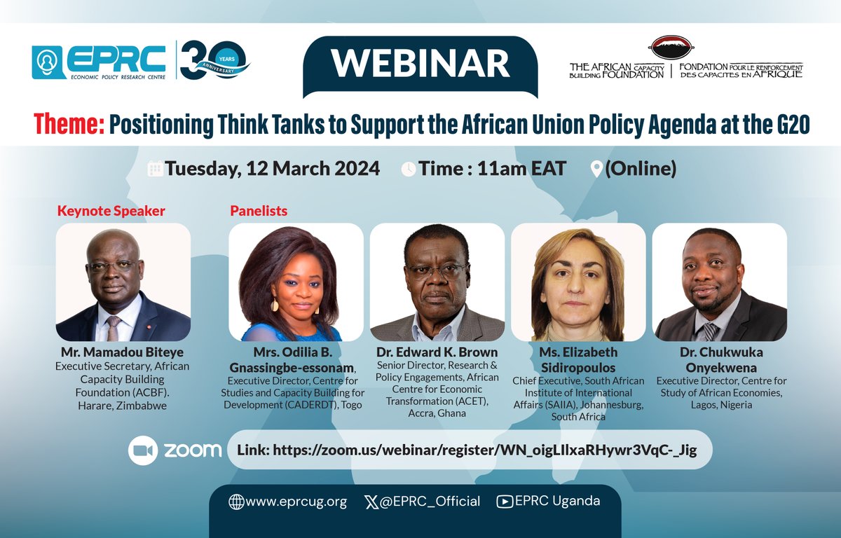 @EPRC_official together with @ACBF_official have organised a virtual discussion today at 11am on the Future of Think Tanks in Sub-Saharan Africa: Positioning Think Tanks to support the African Union policy agenda at #G20. Join the debate via this link: zoom.us/webinar/regist…