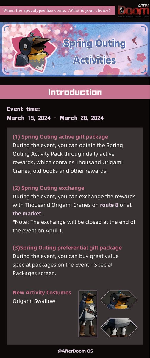AfterDoomOS's tweet photo. 🌸Spring Outing Activities🌸

✨Duration from March 15th to March 28th, featuring the following activities:
✨Official Discord>>https://t.co/TgEWhnpjgS
#AfterDoom