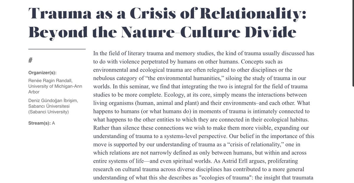 deniz_ibrisim's tweet photo. My dear colleague Renée Ragin Randall and I are co-organizing a seminar in the 2024 ACLA! 
If you are in Montreal from March 14 to March 17, please come &amp; join our session on "Trauma as a Crisis of Relationality: Beyond the Nature-Culture Divide" with wonderful contributions! https://t.co/tUtMMOfthf