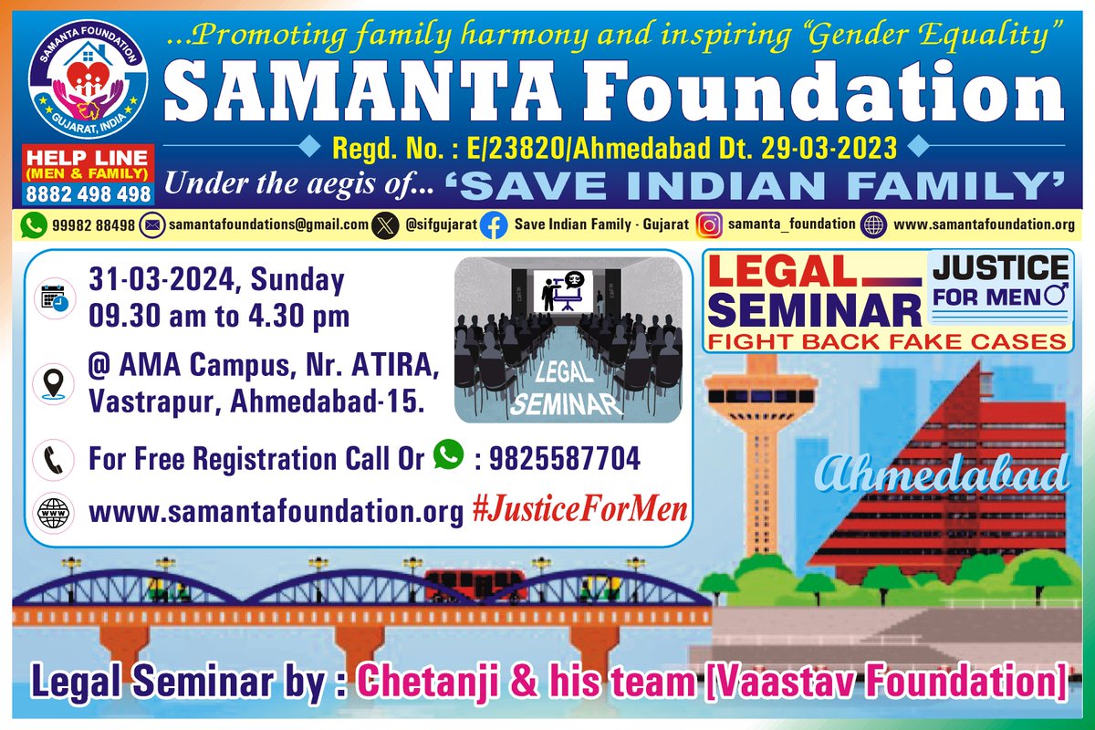 #SamantaFoundation's #LegalSeminar will be held on 31st March at Ahmedabad. More than 100 victims r expected to attend.
🗓️31-3-2024, Sunday
🕖9.30 am to 4.30 pm
🏠AMA Campus, Ahmedabad
🔗Registration will closes 23-3-24
ℹ️Free Registration Call: 9825587704
<a href="/sifgujarat/">Samanta Foundations(SIF Gujarat)</a>
<a href="/vaastavngo/">Vaastav Foundation</a>