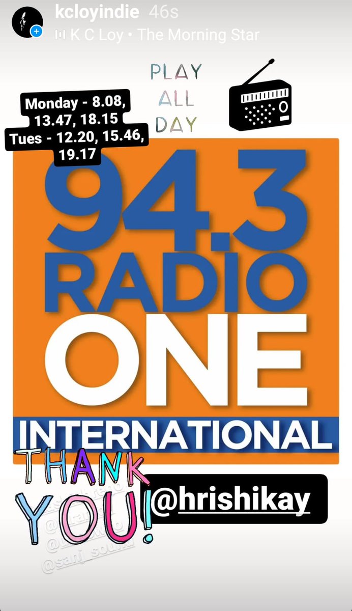 K. C. Loy (@kcloy1) on Twitter photo Super happy to be on #RadioOne with my latest single
"The Morning Star"
available on all audio streaming platforms
Tue (Today) 12.20 15.46 19.17
Gratitude <a href="/HrishiKay/">Hrishikesh Kannan</a> Super happy to be on #RadioOne with my latest single
"The Morning Star"
available on all audio streaming platforms
Tue (Today) 12.20 15.46 19.17
Gratitude <a href="/HrishiKay/">Hrishikesh Kannan</a>