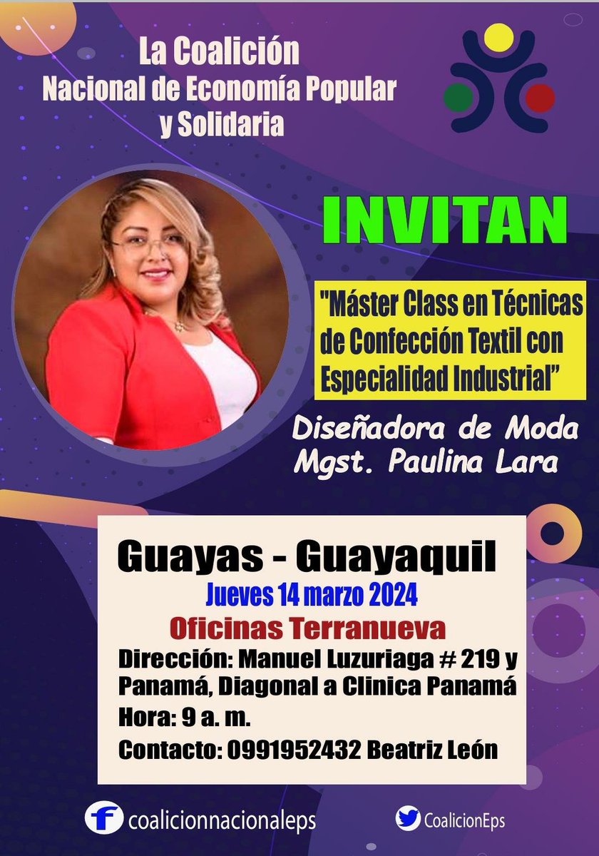 redtextilguayas's tweet photo. #Guayas #Guayaquil Invitados los que deseen participar. Una gestión organizada por la  @CoalicionEps #SomosEps #Organizacion #inclusion https://t.co/lJSbrWHMop