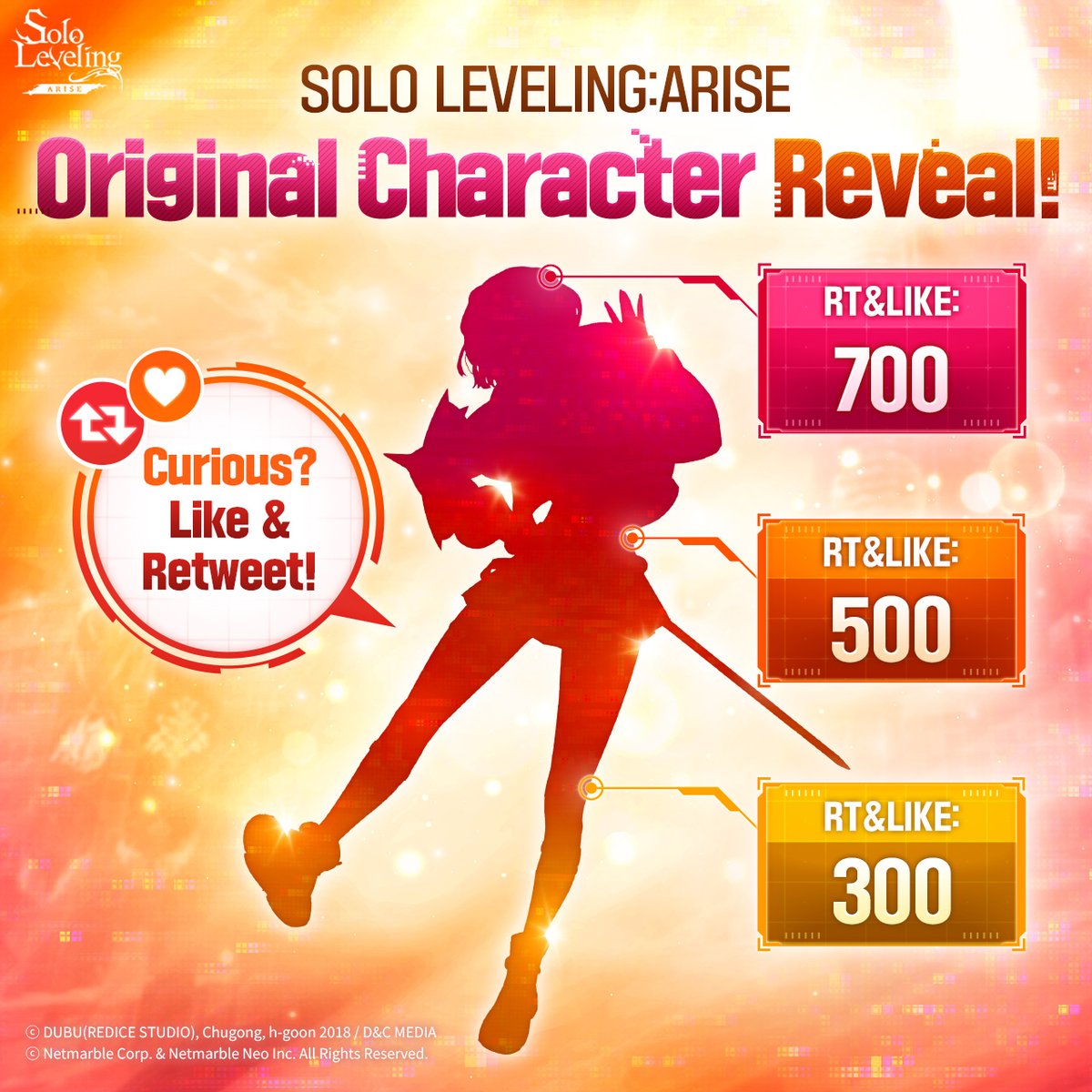 Solo Leveling:ARISE #OriginalCharacter scheduled for first reveal!✨ Doesn't the silhouette alone arouse curiosity? If you want to see the full image, please like & retweet! ❤♻ We'll reveal the character once total likes and retweets surpass 700! #sololevelingARISE