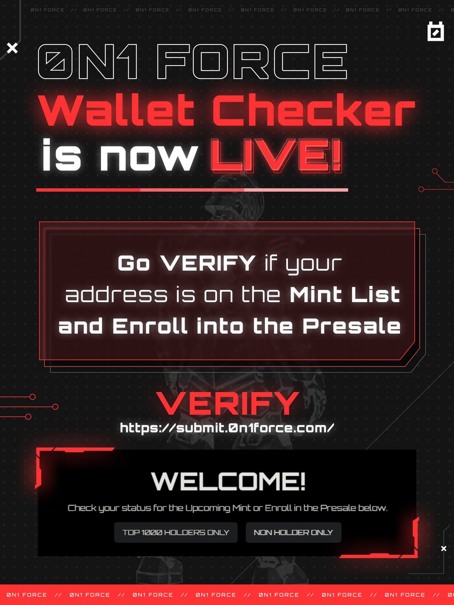 0n1Force's tweet photo. 0N1 F4LL3N MINT UPDATE 🚨

Please Verify your allowlist wallet. 

Submit your wallet by March 16th. 

More updates Tomorrow! 👺 https://t.co/ETpiAlXAvJ