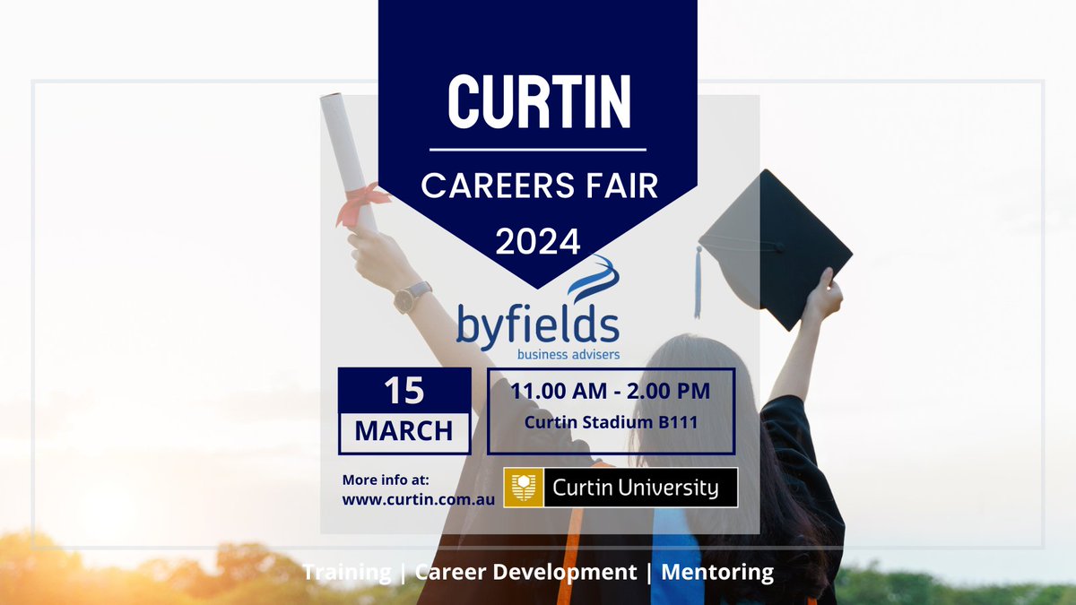 CAREERS EVENT | We will be attending Curtin Careers Fair Friday 15th March 2024.

We aim to nurture your talents, reward your enthusiasm, and arm you with the tools to succeed.

Come & chat from 11am to 2pm @ Curtin Stadium.  

#Byfields # CurtinUni #AccountingCareers #WAJobs