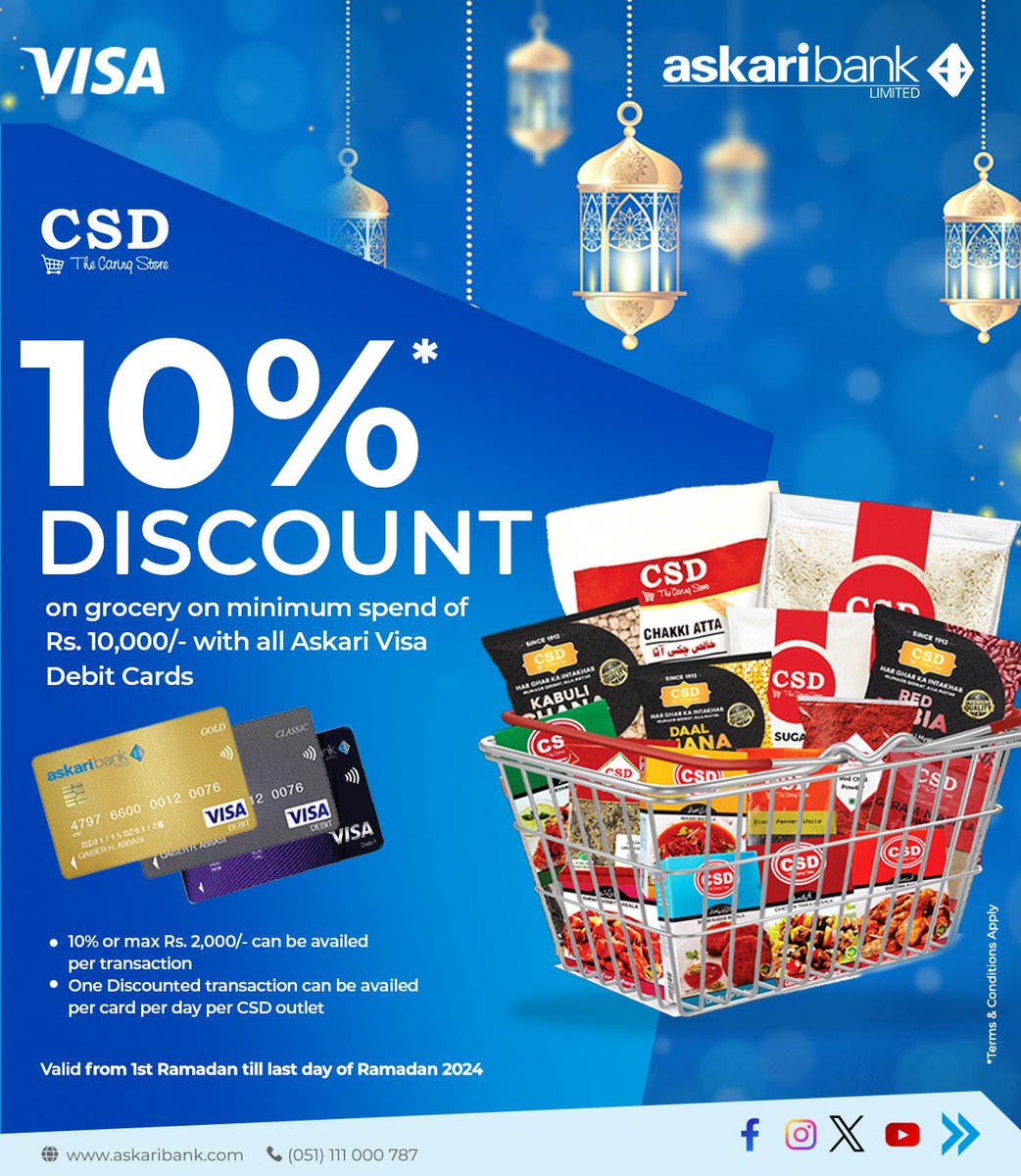 This Ramadan, enjoy amazing savings on your groceries at CSD! Get 10% discount on your grocery shopping when you spend Rs. 10,000 or more with your Aksari Visa Debit Card. Offer valid from 1st Ramadan till last Ramadan 2024. Link: rb.gy/khhnik #askaribank