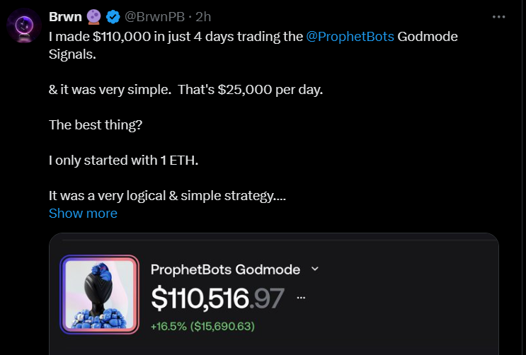 BlockAstronaut's tweet photo. @wdupdup @ProphetBots @BrwnPB @ProphetPNLs Which is better? You tell me?

@AimBot_Ai with $2,600 in a "few" hours 

or 

#ProphetBots @ProphetBots with $110,000 in 4 days Trading using #ProphetBot God Mode Signals? https://t.co/eWeV40bHmP