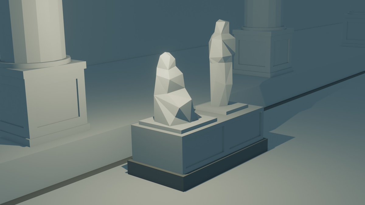 motchygames's tweet image. アートスタイルの検討を継続中。覚悟を決めて超ローポリに再挑戦。立ってる人と座っている人。ライトは青系のアンビエントに補色でアクセント。これはこれでアリっちゃアリ。 #GameDev #IndieGameDev #MobileGameDev #Blender #Unity #LowPoly #UltraLowPoly