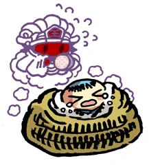 きょうの妖怪 #和漢百魅缶 通算7756体目【閻魔様の子守り】昼過ぎから夜までの時間帯に、赤ちゃんたちの面倒をみてる存在は閻魔さま。赤ちゃんが夜泣きをする原因のひとつ。 
