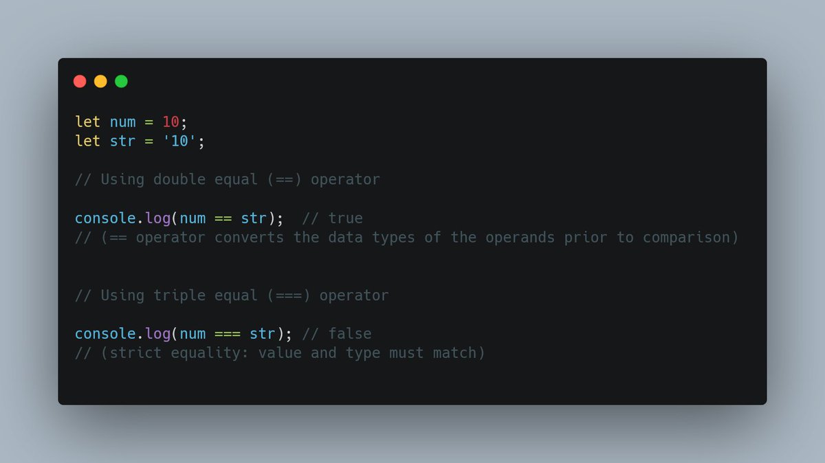 amans_3's tweet image. JavaScript equality operators: Double equal (==) VS triple equal (===). 🤔
#javascript #FrontEndDeveloper #backenddevelopers