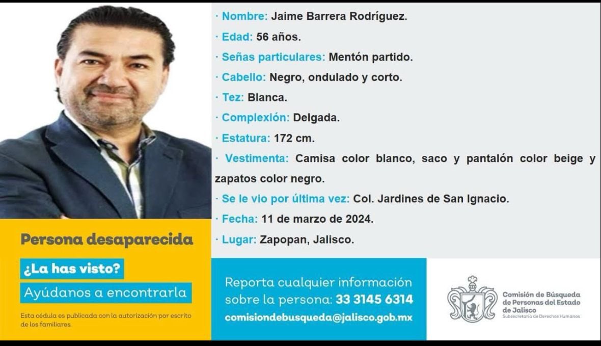 Cualquier información que ayude a localizar a nuestro amigo y colega Jaime Barrera @jbarrera4 es importante. Por favor comunicarse al 33 3145 6314.