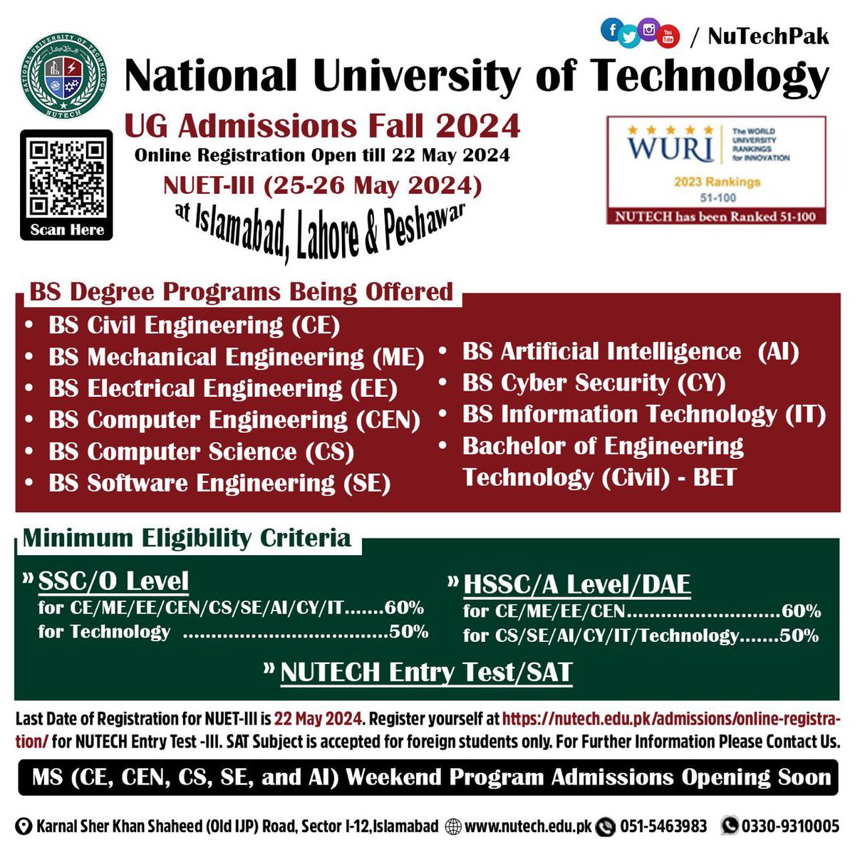 Online Registration Open for NUTECH Entry Test-3 of UG Admissions Fall 2024 in NUTECH, Don’t miss out the chance and get your seats reserved.

Click here for online apply
nutech.edu.pk/admsns/online-…

#admissions #AdmissionsOpen #admissionsopen #applyonline #ugadmission #fall2024