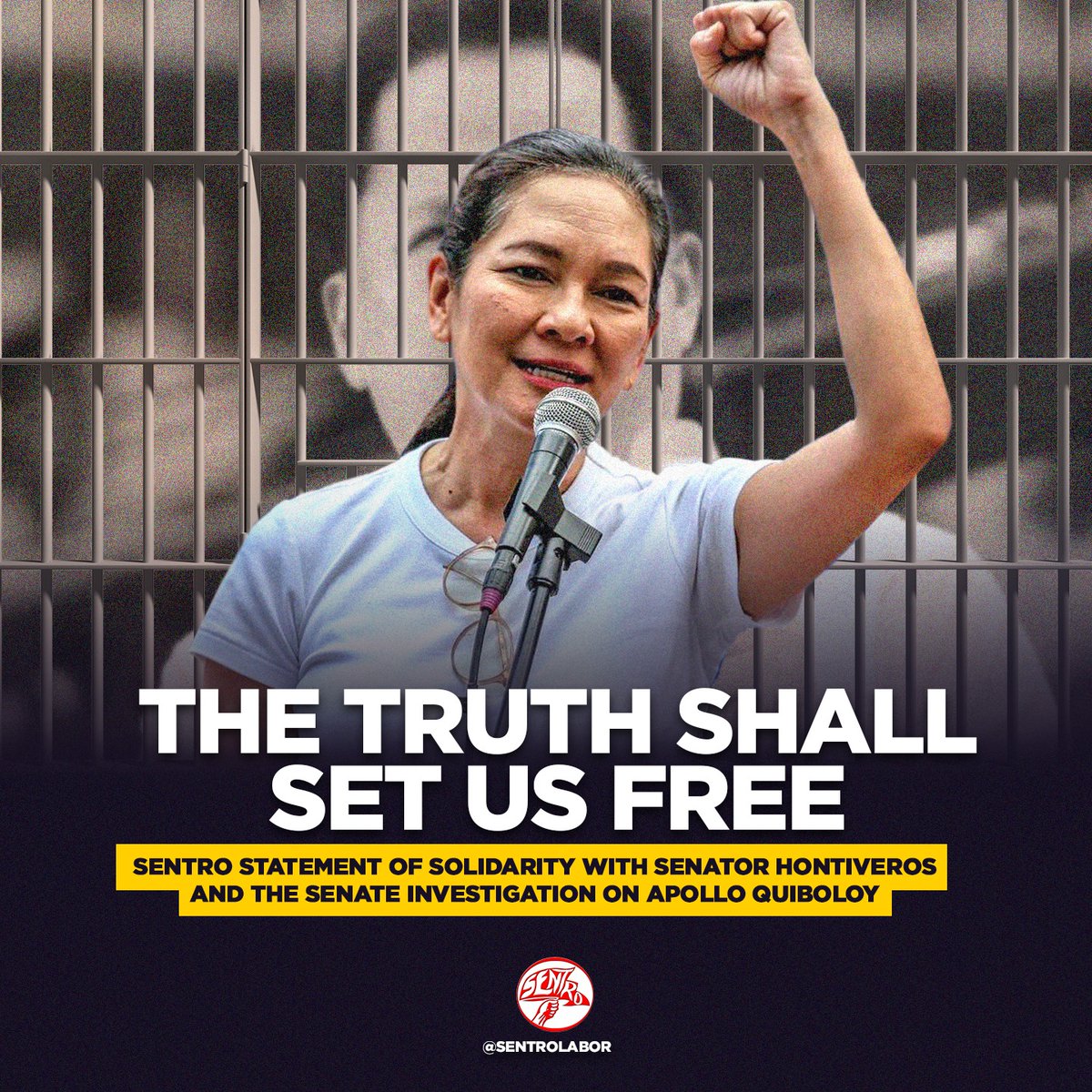SENTROLabor's tweet photo. SENTRO stands firmly with our senator, Risa Hontiveros, in her  principled stand for investigating alleged crimes and rights violations  by pastor Apollo Quiboloy and his church. https://t.co/wwdcPMKEcu https://t.co/7sgHCSTAfc