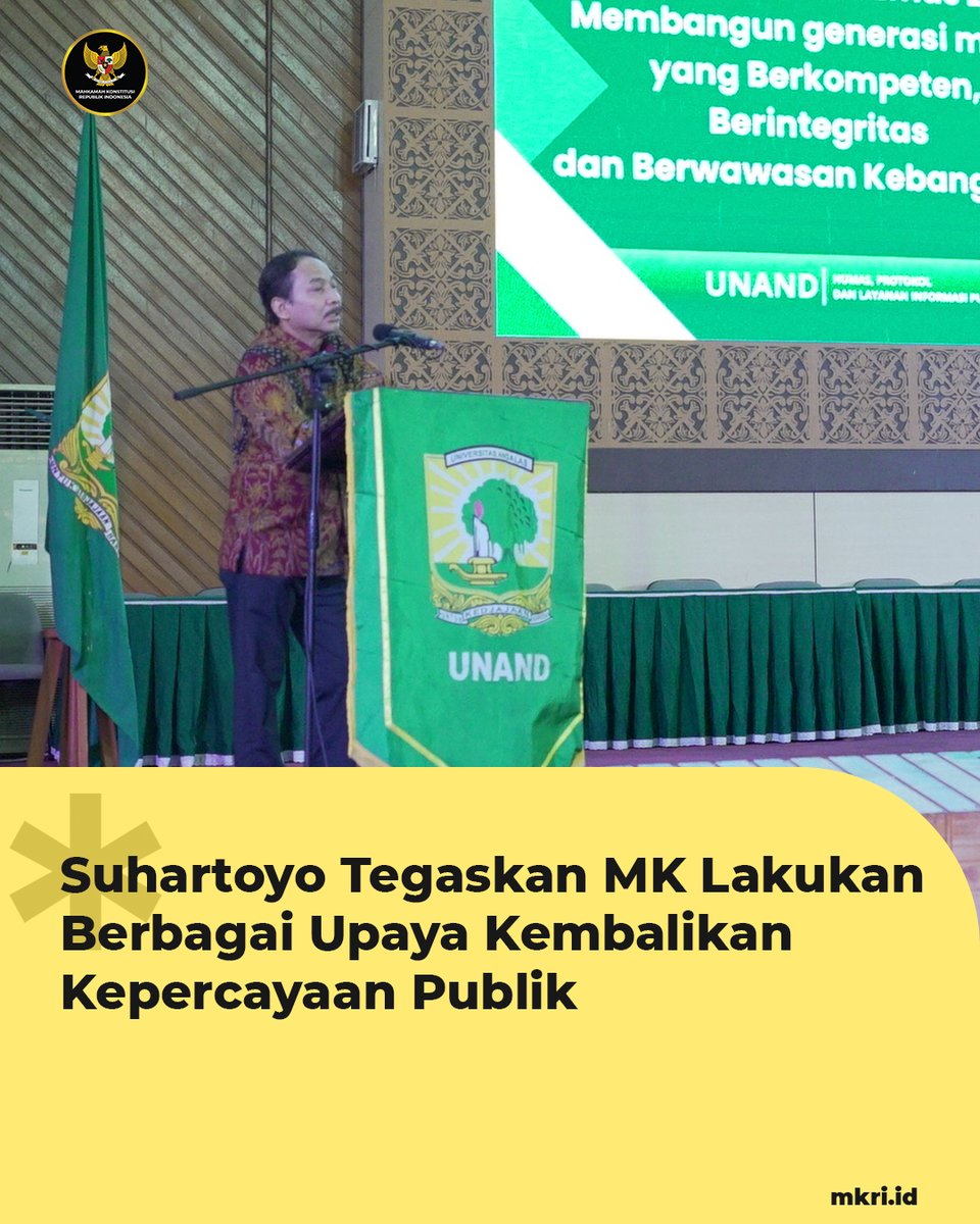 officialMKRI's tweet photo. MK sudah melakukan berbagai upaya dalam menyelesaikan masalah yang "menurunkan" kepercayaan publik terhadap MK. Hal ini disampaikan oleh Ketua MK Suhartoyo ketika menjadi narasumber Kuliah Umum bertema "Menuju Indonesia Emas 2045: Membangun Generasi Muda (1/3) https://t.co/tGHWrXCTDj