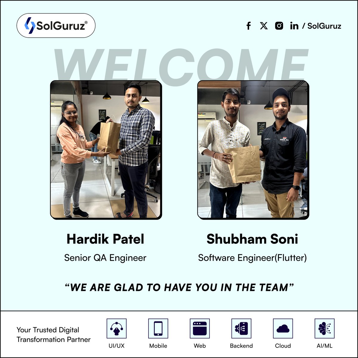 🎉Welcome aboard to our latest team members at SolGuruz!🎉

We're thrilled to Welcome our new Senior QA Engineer and Software Engineer(Flutter) to our dynamic team. 

Congratulations and welcome to the family of Solution Guruz!🤝

#NewHires #SolutionGuruz #WelcomeAboard