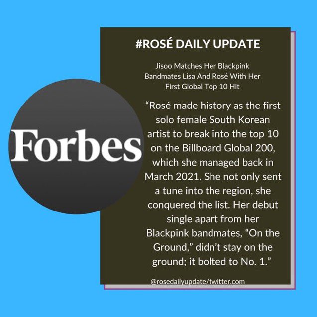 “#ROSÉ made history as the 1ST SOLO FEMALE SK artist to break into the top 10 on the BB Global 200. She not only sent a tune into the region, she conquered the list. “#ONTHEGROUND,” DI NOT STAY ON THE GROUND; IT BOLTED TO NUMBER 1.” ROSÉ SOLO 3RD ANNIVERSARY #ThreeYearsWithR