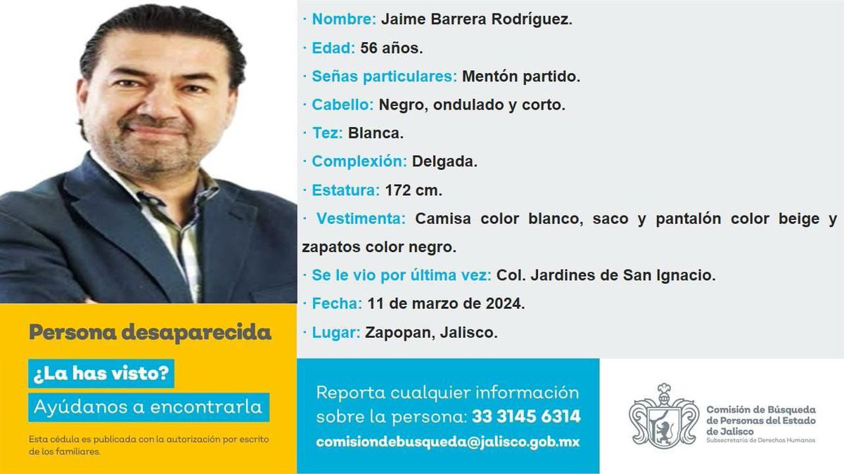 udg_oficial's tweet image. 📣 #ComunidadUdeG 

Agradecemos su apoyo para compartir esta publicación y/o brindar cualquier información que ayude a encontrar a Jaime Barrera.