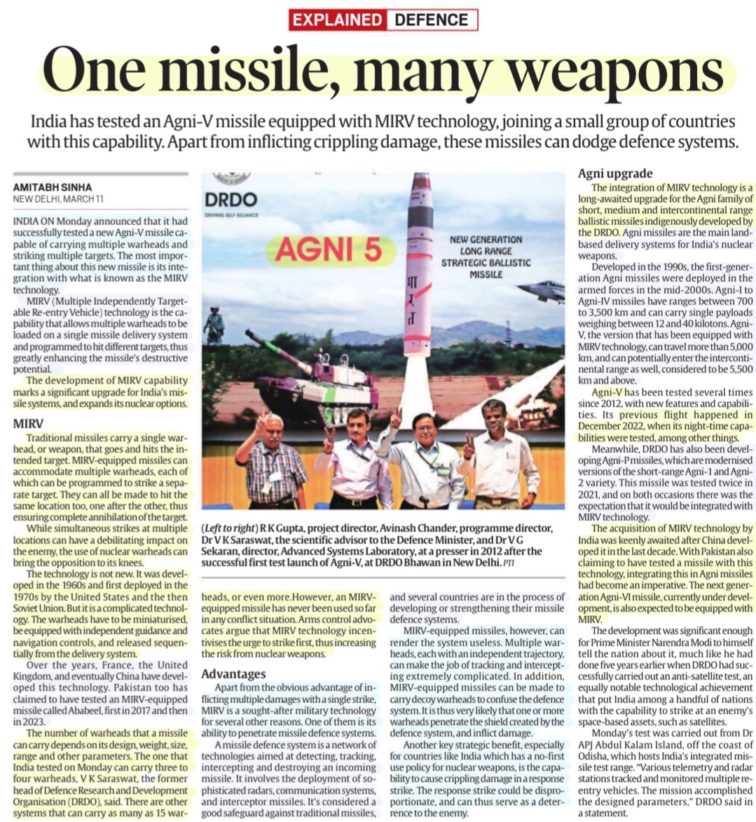 #AgniV

'One Missile, Many Weapons'

'New Generation Long range Strategic Ballistic Missile'

:Details by Sh Amitabh Sinha

#Agni5Missile #Agni5 #Agni 
#MIRV #DRDO 
#multiple #warheads
#Strategic #Ballistic #missile 
#Agni6
#Security 
#defence 

#UPSC 
GSpaper 

Source: IE